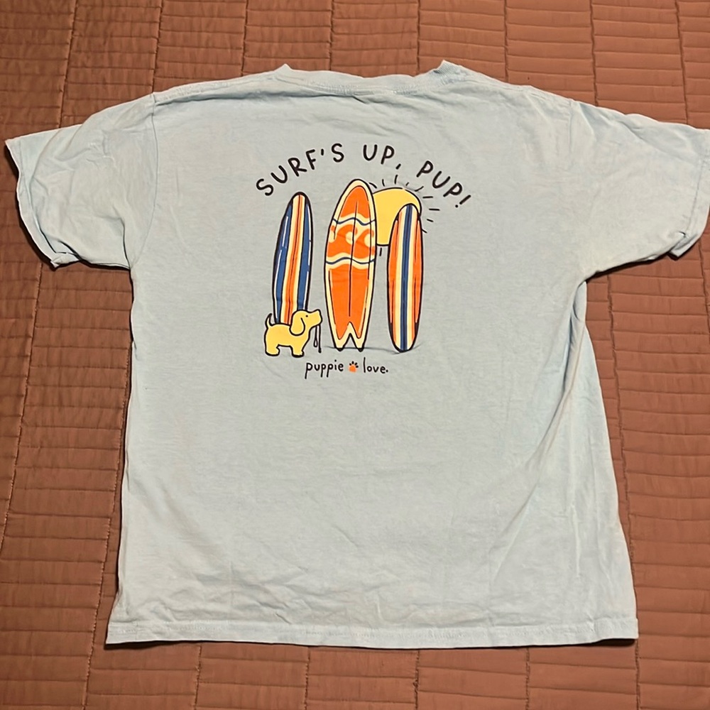 Puppy love, blue shirt, youth large Gildan